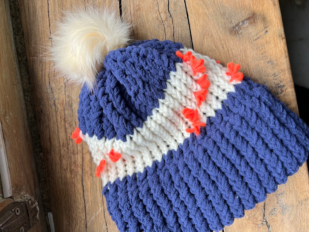 Navy & orange hand knit Bretagne striped hat 💙🧡💙